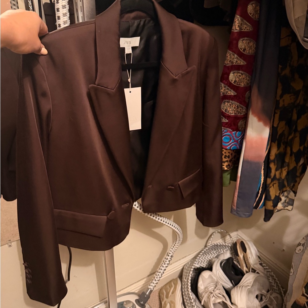 Zara Chocolate Brown Satin Cropped Blazer